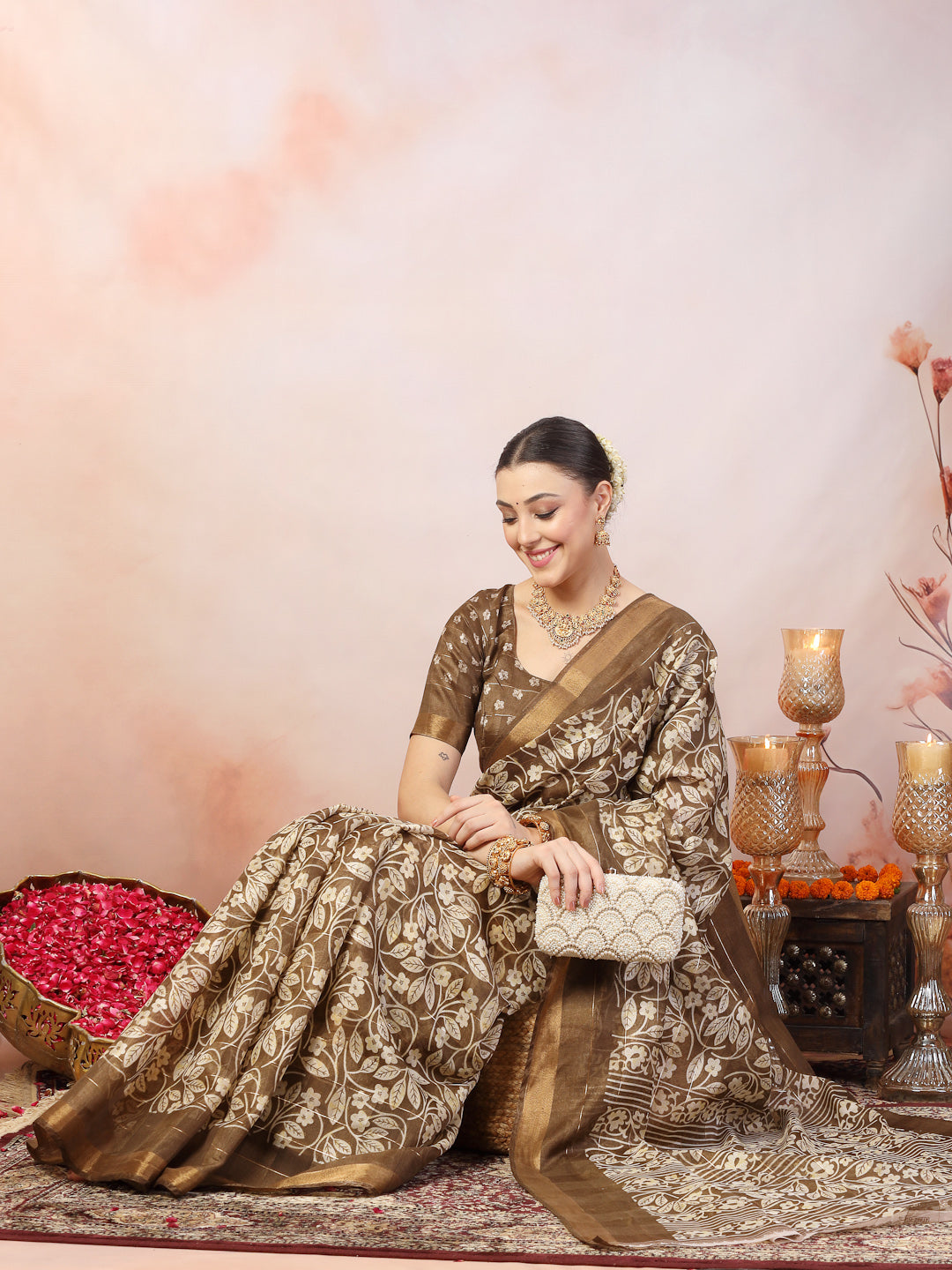 Stylum Women's Brown Paisley Print Kankawati Silk Saree (SRBROWNHOPE)