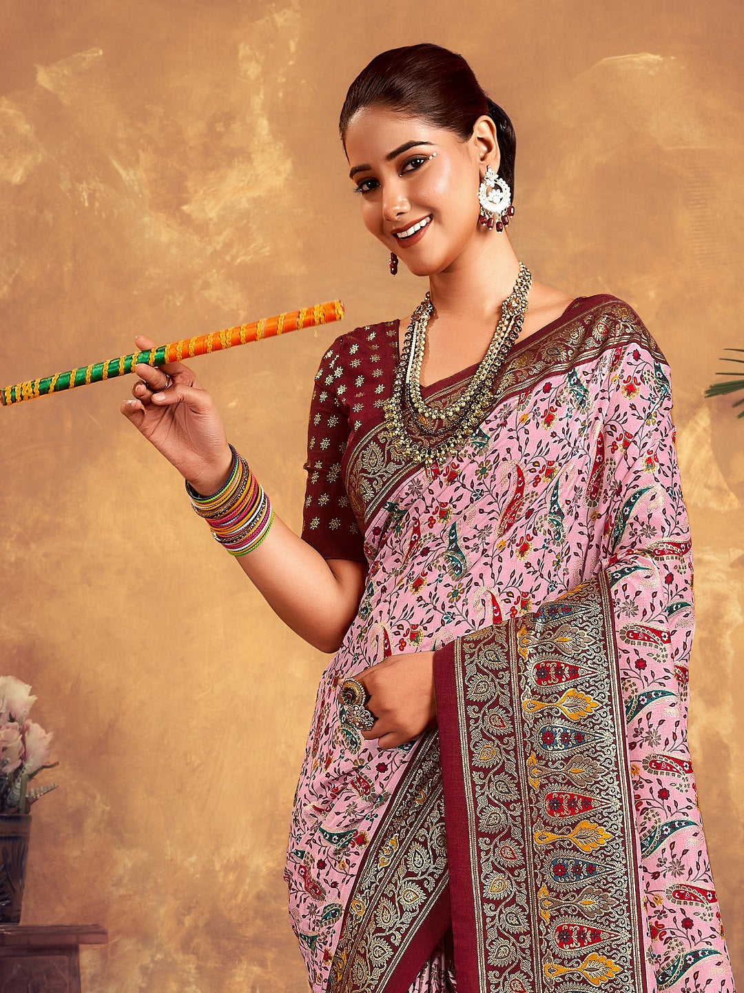 Stylum Women's Maroon Paisley Printed Zari Border Dola Silk Saree (SREKTARAMAROON)