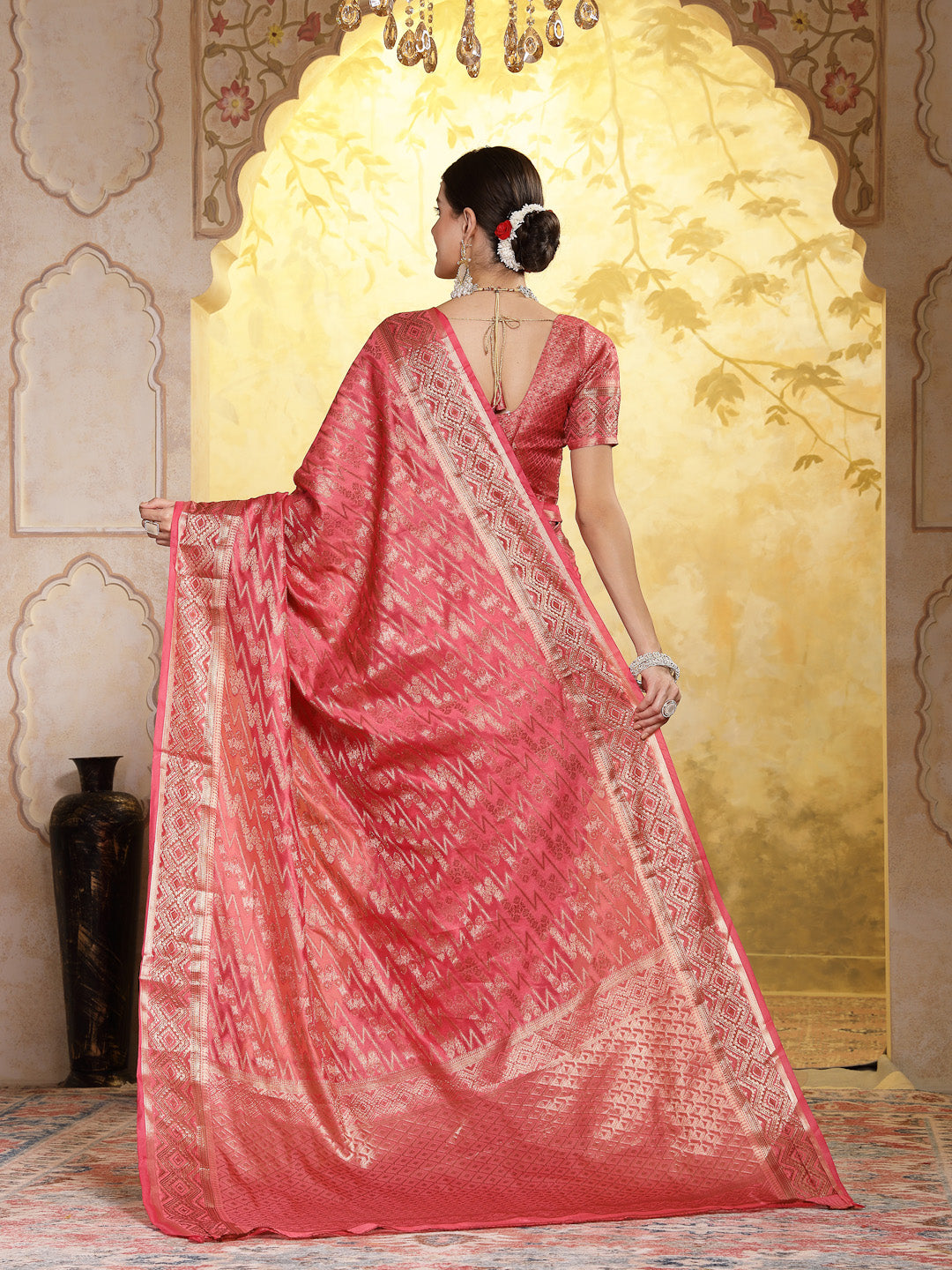 Stylum Women's Pink Geometric Print Woven Zari Border Organza Saree (SRJHALAKPINK)