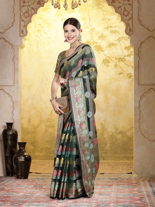 Stylum Women's Bottle Green Ethnic Motifs Zari Border Organza Saree (SRMAHIKABOTTLEGRN)