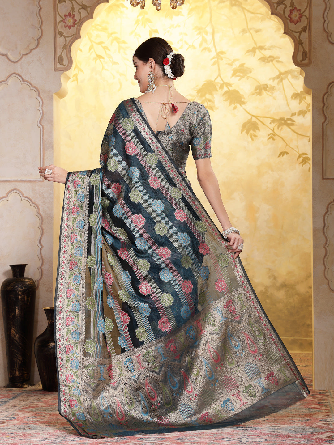 Stylum Women's Sea Green Ethnic Motifs Zari Border Organza Saree (SRMAHIKASEAGRN)