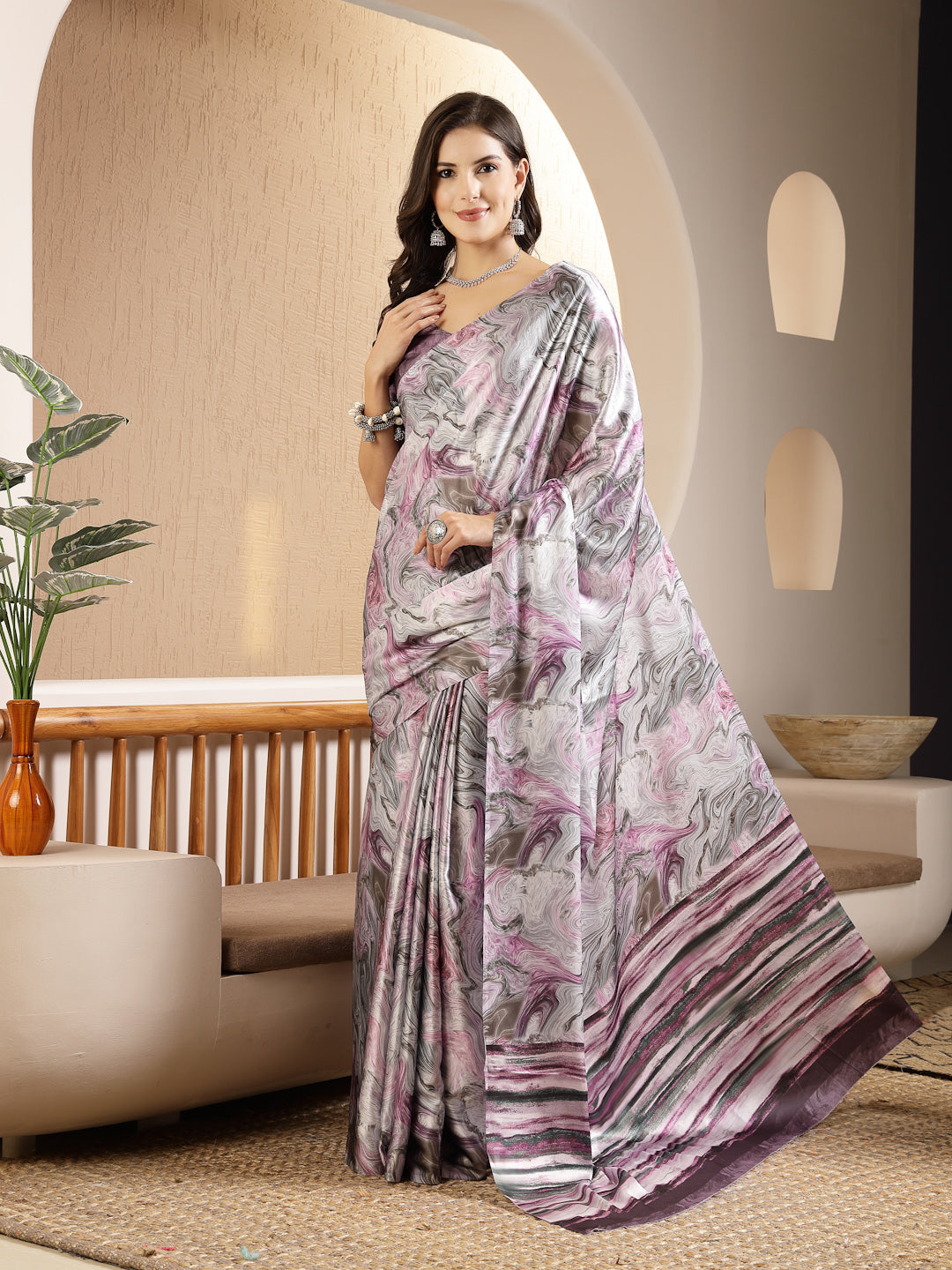 Stylum Women's Marble Print Satin Saree (SRMARBLEPURPLE)