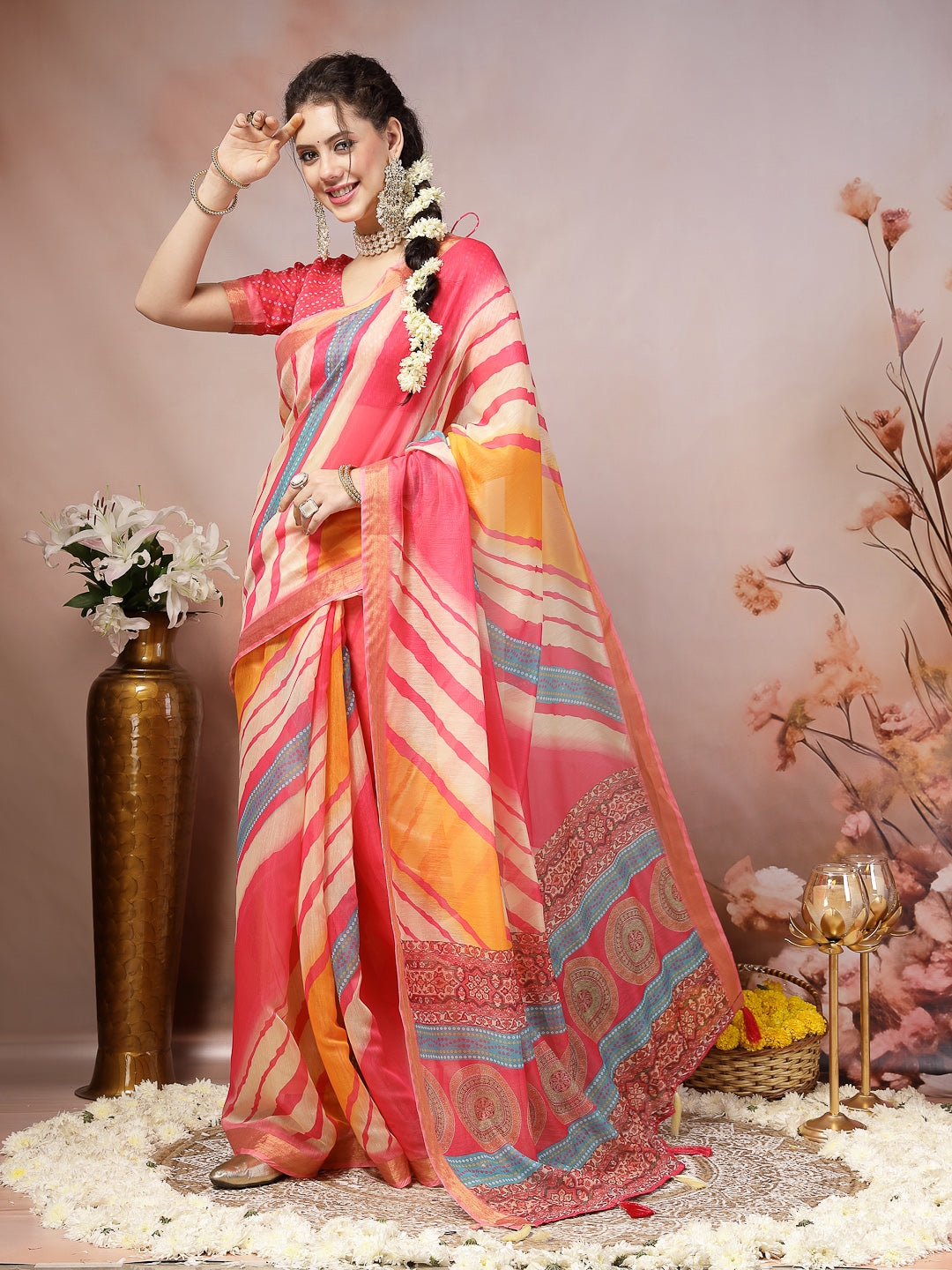 Stylum Women's Pink Leheriya Bandhej Zari Cotton Blend Saree (SRSUMALIPINK)
