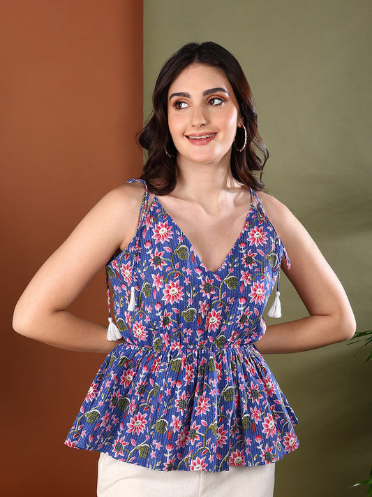 Stylum Women's Blue Floral Printed Cotton Short Peplum Top (TOPBLUEEAGLE)