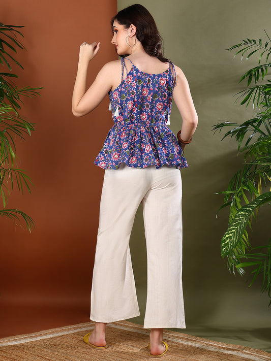 Stylum Women's Blue Floral Printed Cotton Short Peplum Top (TOPBLUEEAGLE)