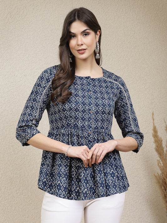 Stylum Women's Ethnic Motif Printed Cotton Peplum Top (TOPBLUENAYA)