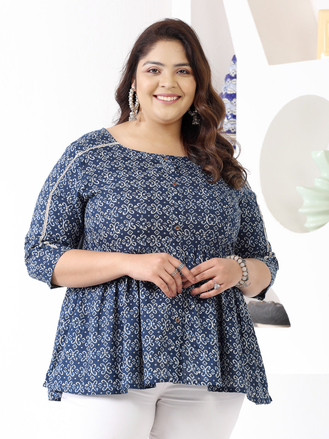 Plus Size Women's Ethnic Motif Printed Cotton Peplum Top (TOPBLUENAYAPLUS)