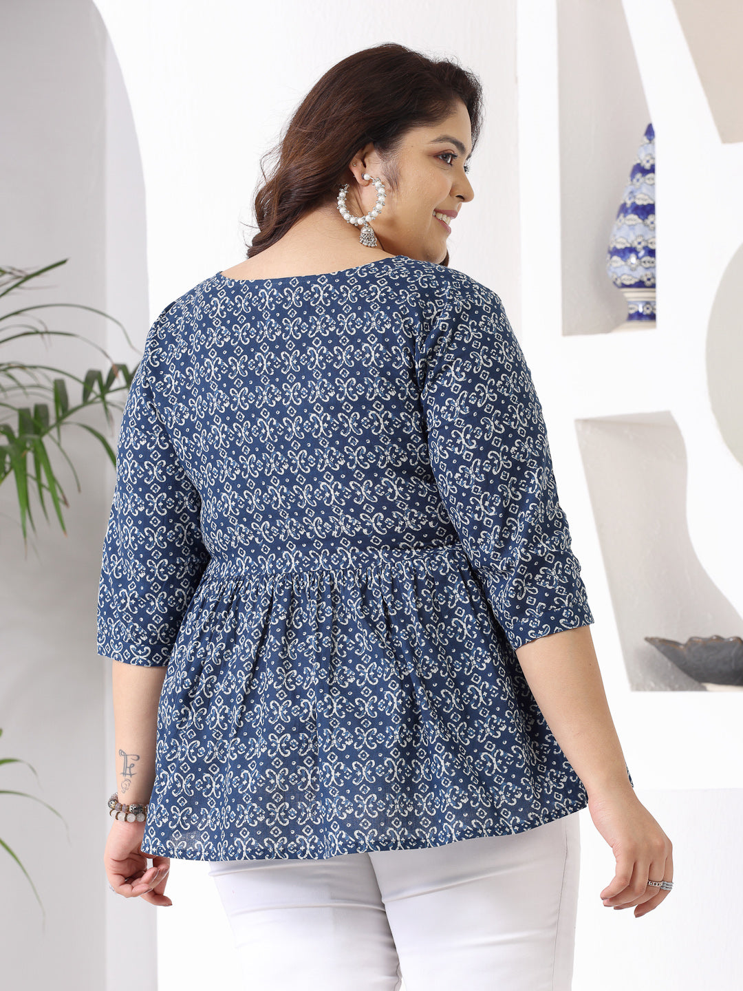 Plus Size Women's Ethnic Motif Printed Cotton Peplum Top (TOPBLUENAYAPLUS)