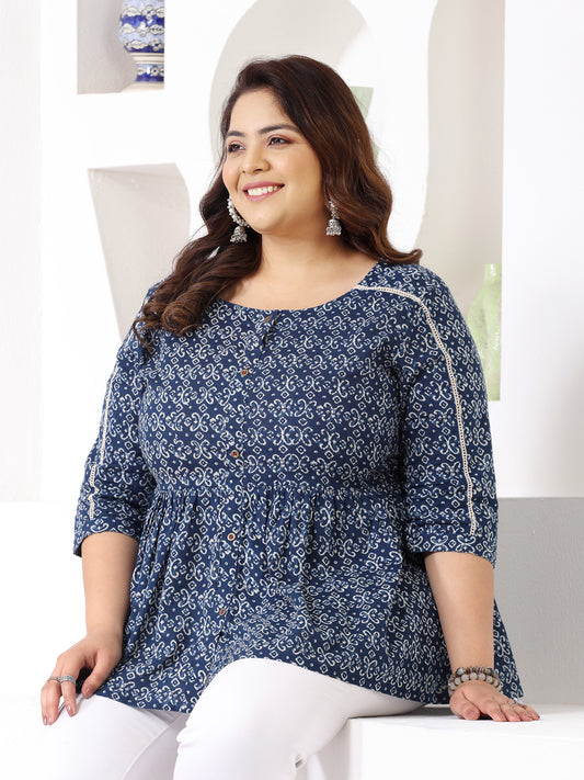 Plus Size Women's Ethnic Motif Printed Cotton Peplum Top (TOPBLUENAYAPLUS)