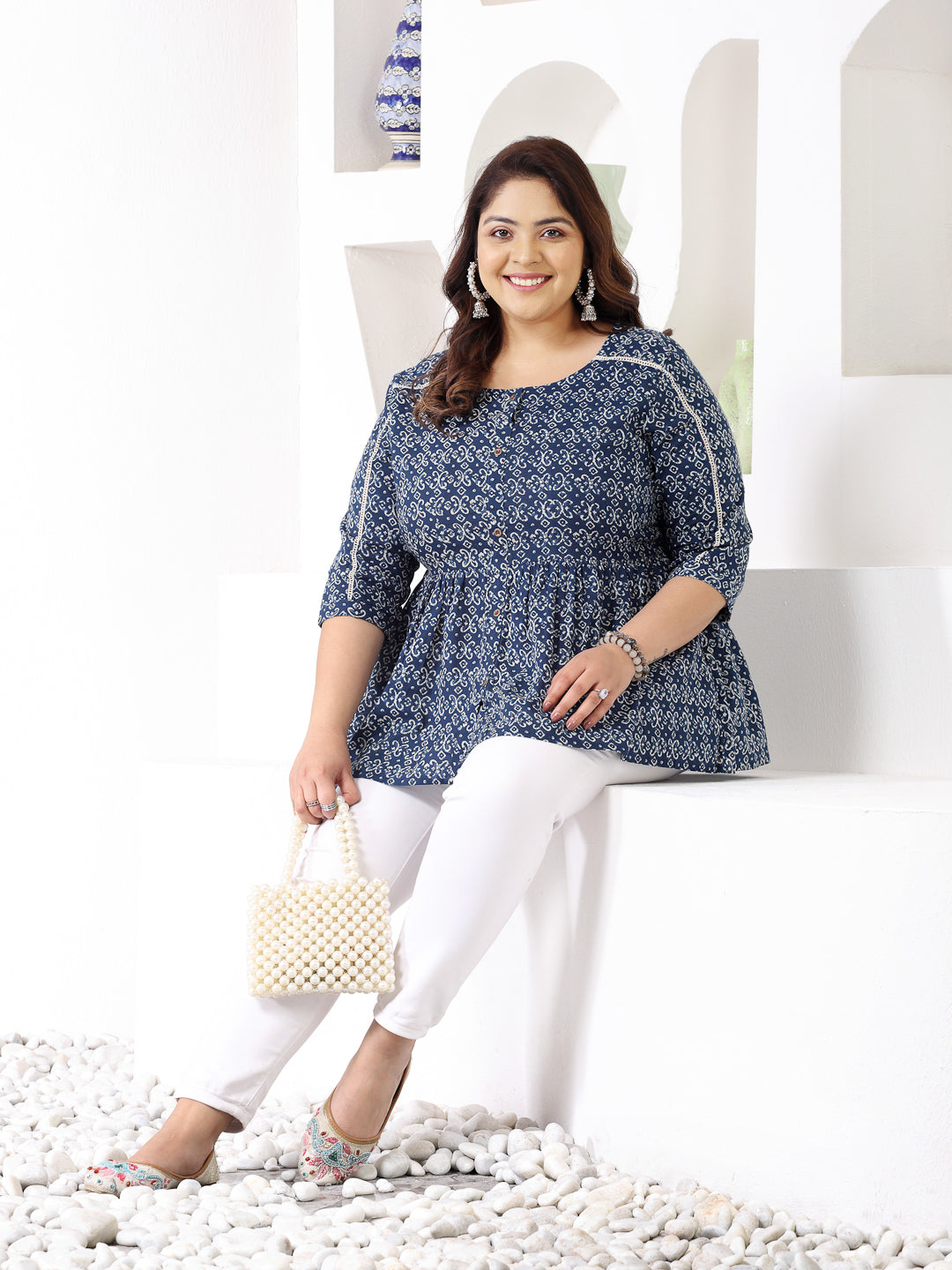 Plus Size Women's Ethnic Motif Printed Cotton Peplum Top (TOPBLUENAYAPLUS)