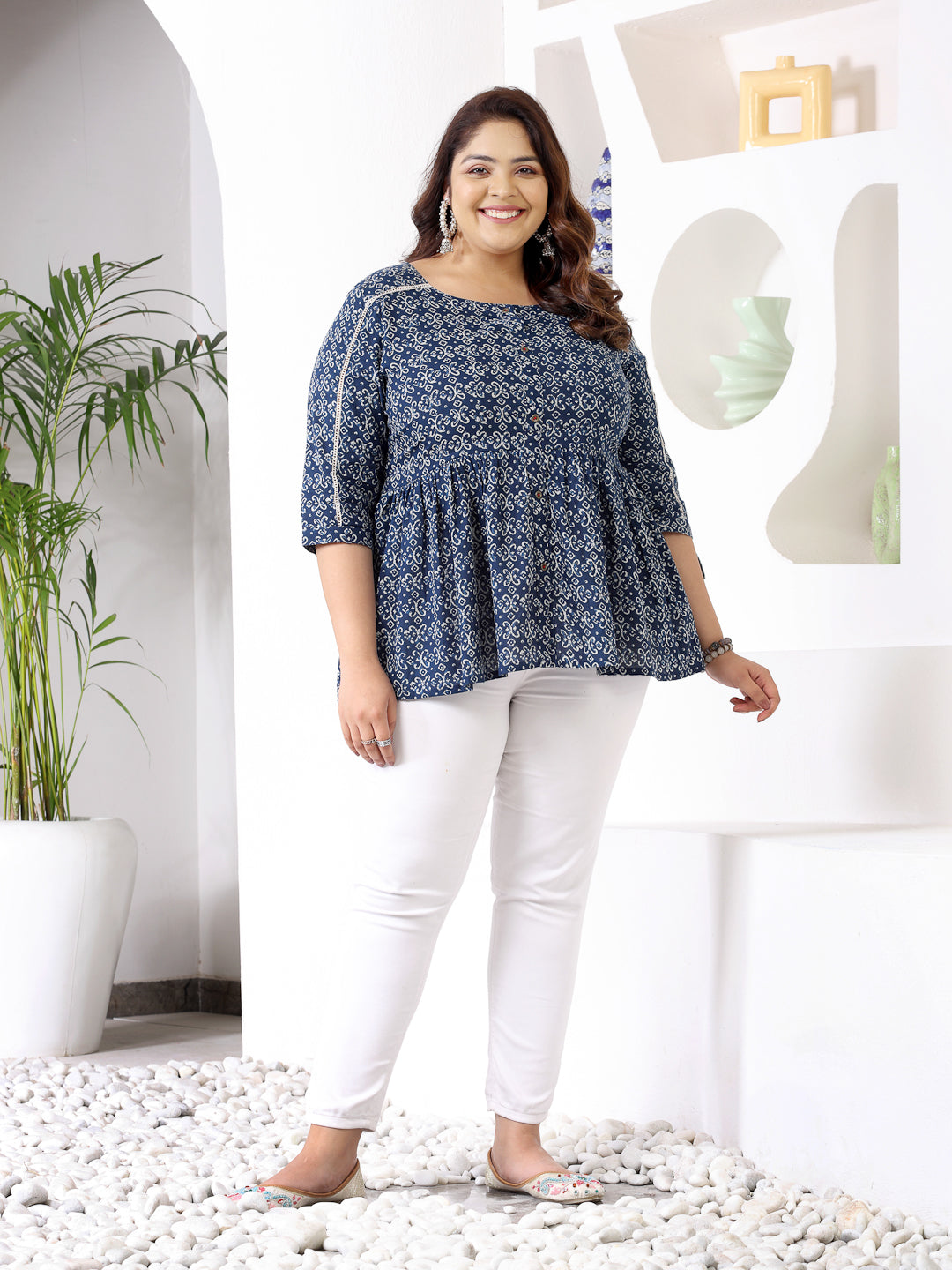 Plus Size Women's Ethnic Motif Printed Cotton Peplum Top (TOPBLUENAYAPLUS)