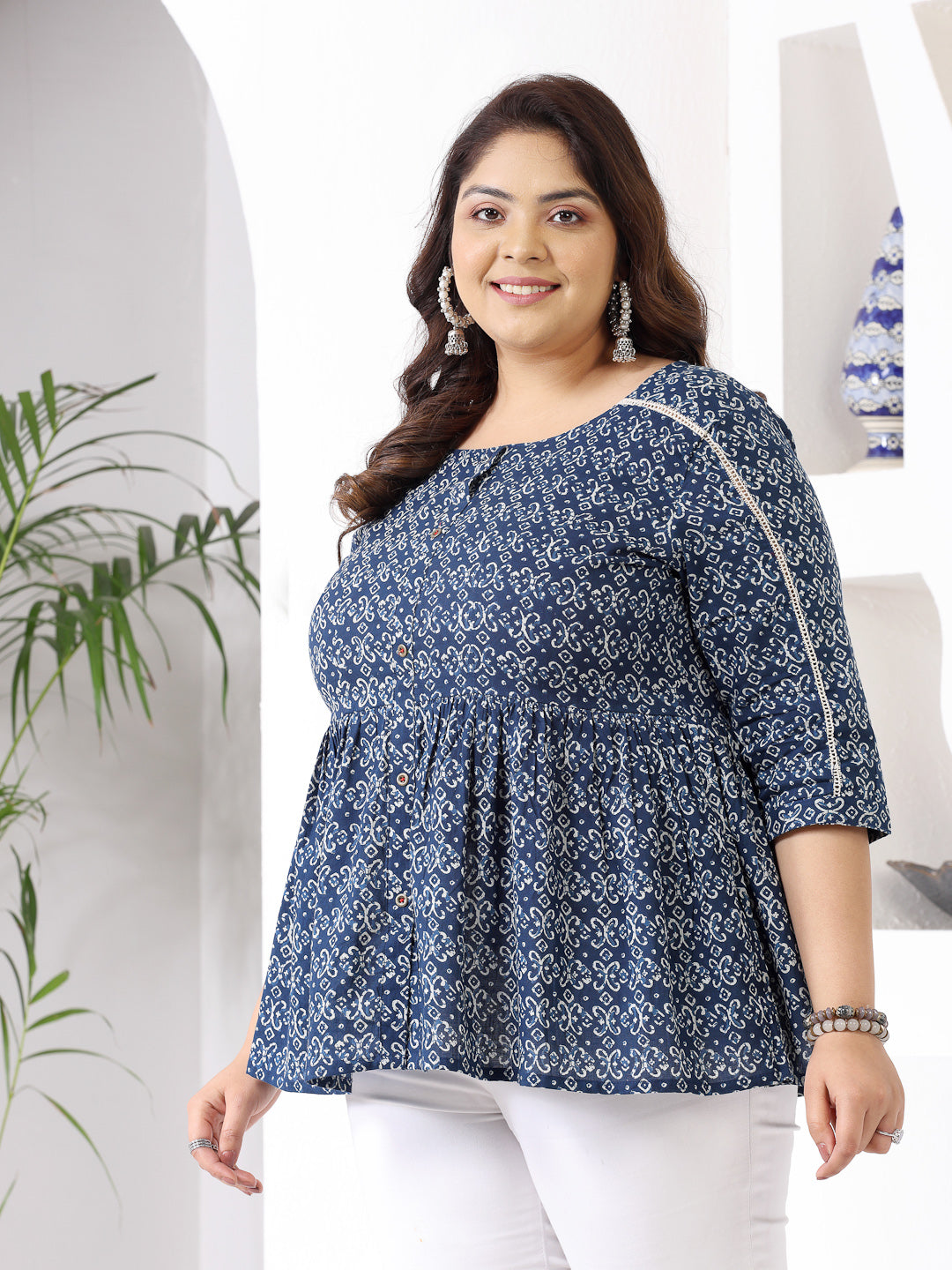 Plus Size Women's Ethnic Motif Printed Cotton Peplum Top (TOPBLUENAYAPLUS)
