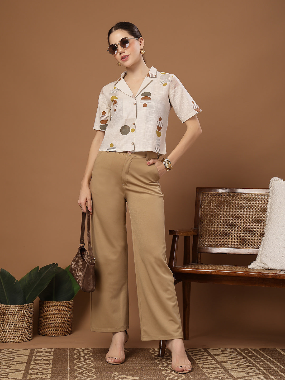 Stylum Women's Cream Geometric Printed Cotton Crop Top (TOPCREAMMASHA)