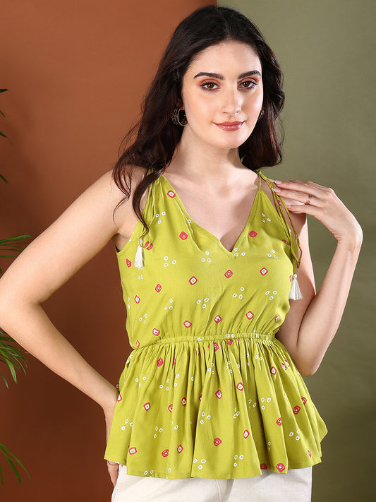 Stylum Women's Green Bandhej Printed Rayon Short Peplum Top (TOPGREENROKA)