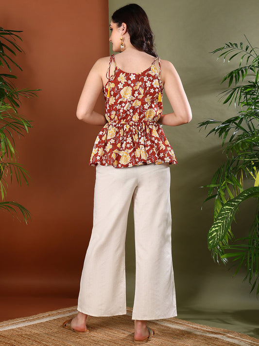 Stylum Women's Rust Floral Printed Cotton Short Peplum Top (TOPGULABGANG)