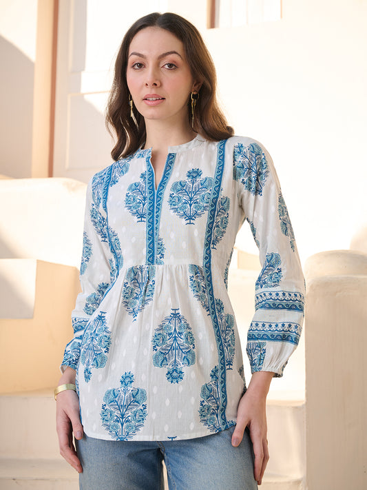 Stylum Women's Blue Ethnic Buta Printed Cotton Top (TOPBLUEKIKU)