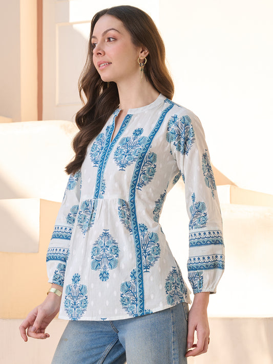 Stylum Women's Blue Ethnic Buta Printed Cotton Top (TOPBLUEKIKU)