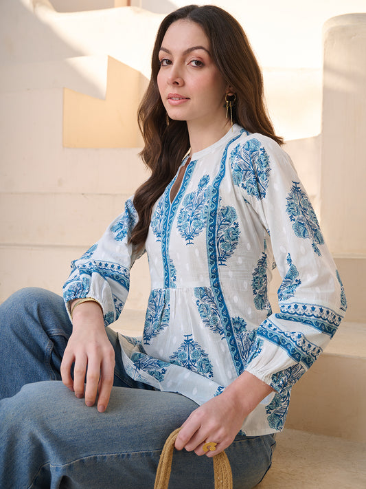 Stylum Women's Blue Ethnic Buta Printed Cotton Top (TOPBLUEKIKU)