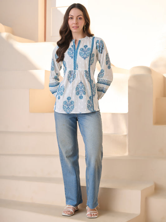 Stylum Women's Blue Ethnic Buta Printed Cotton Top (TOPBLUEKIKU)