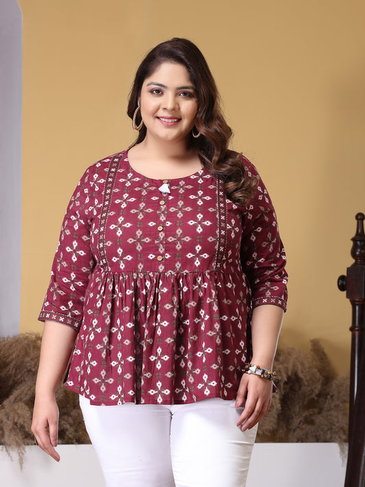 Plus Size Women's Dabu Printed Cotton Peplum Top (TOPMAROONDOVEPLUS)