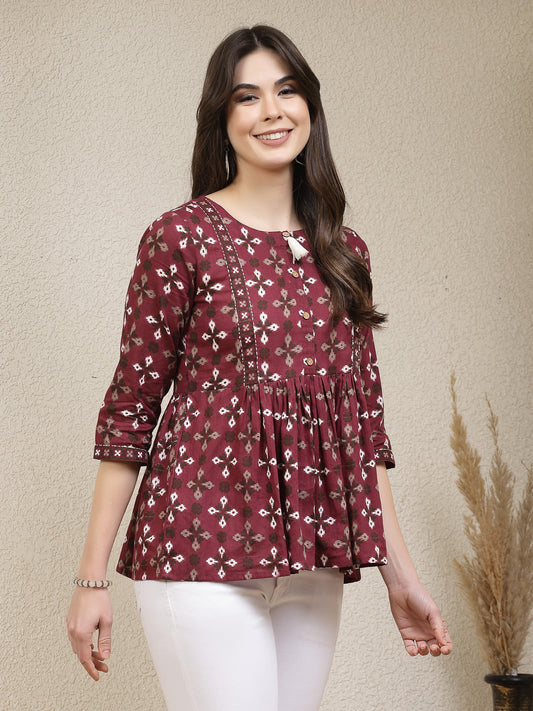 Stylum Women's Dabu Printed Cotton Peplum Top (TOPMAROONDOVE)