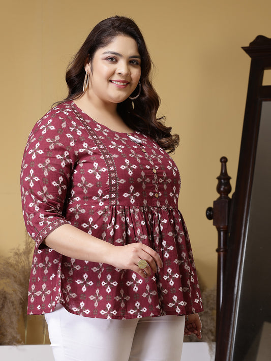 Plus Size Women's Dabu Printed Cotton Peplum Top (TOPMAROONDOVEPLUS)