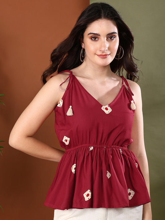 Stylum Women's Maroon Bandhej Printed Rayon Short Peplum Top (TOPMAROONKATTY)