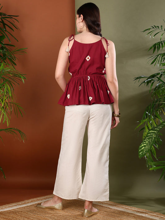 Stylum Women's Maroon Bandhej Printed Rayon Short Peplum Top (TOPMAROONKATTY)