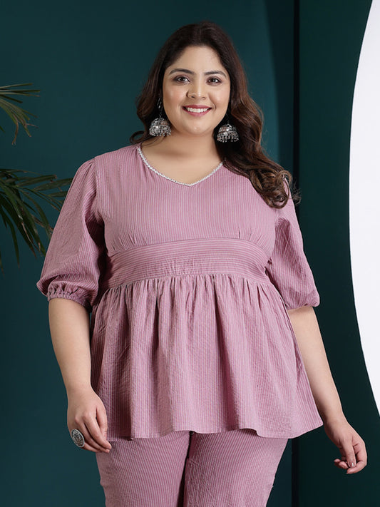 Plus Size Women's Self Woven Kantha Cotton Peplum Top (TOPMAUVEDAMPAPLUS)