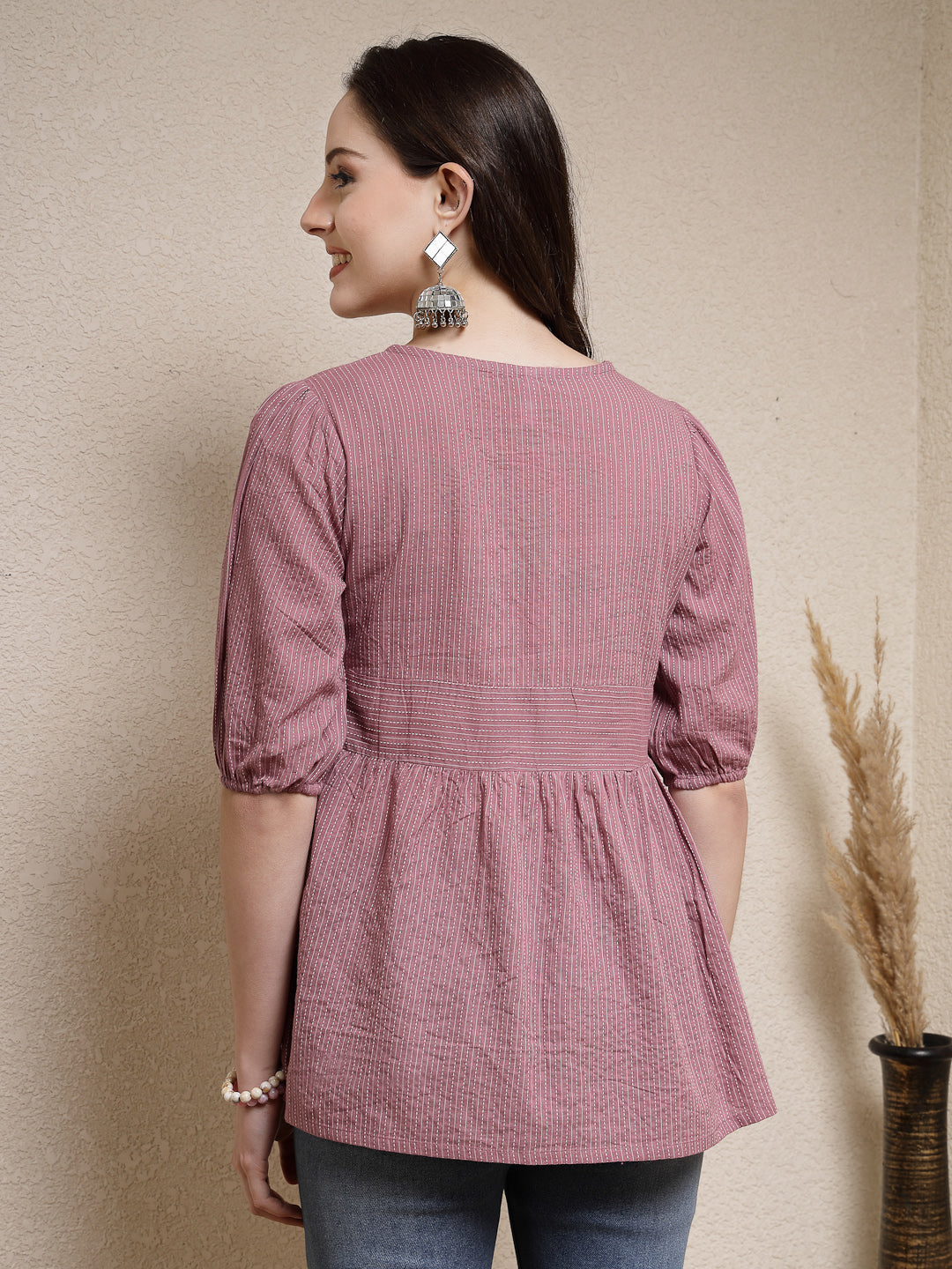 Stylum Women's Self Woven Kantha Cotton Top (TOPMAUVEDAMPA)