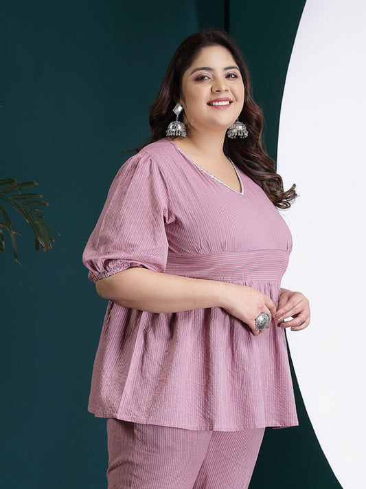 Plus Size Women's Self Woven Kantha Cotton Peplum Top (TOPMAUVEDAMPAPLUS)