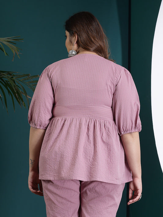 Plus Size Women's Self Woven Kantha Cotton Peplum Top (TOPMAUVEDAMPAPLUS)