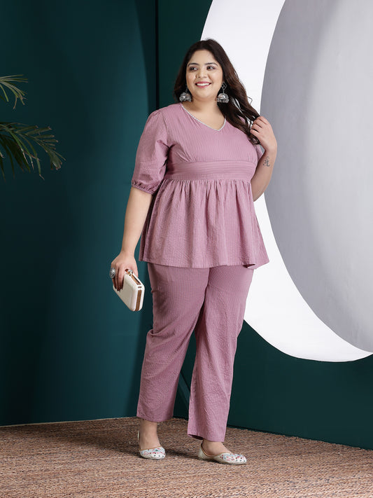 Plus Size Women's Self Woven Kantha Cotton Peplum Top (TOPMAUVEDAMPAPLUS)