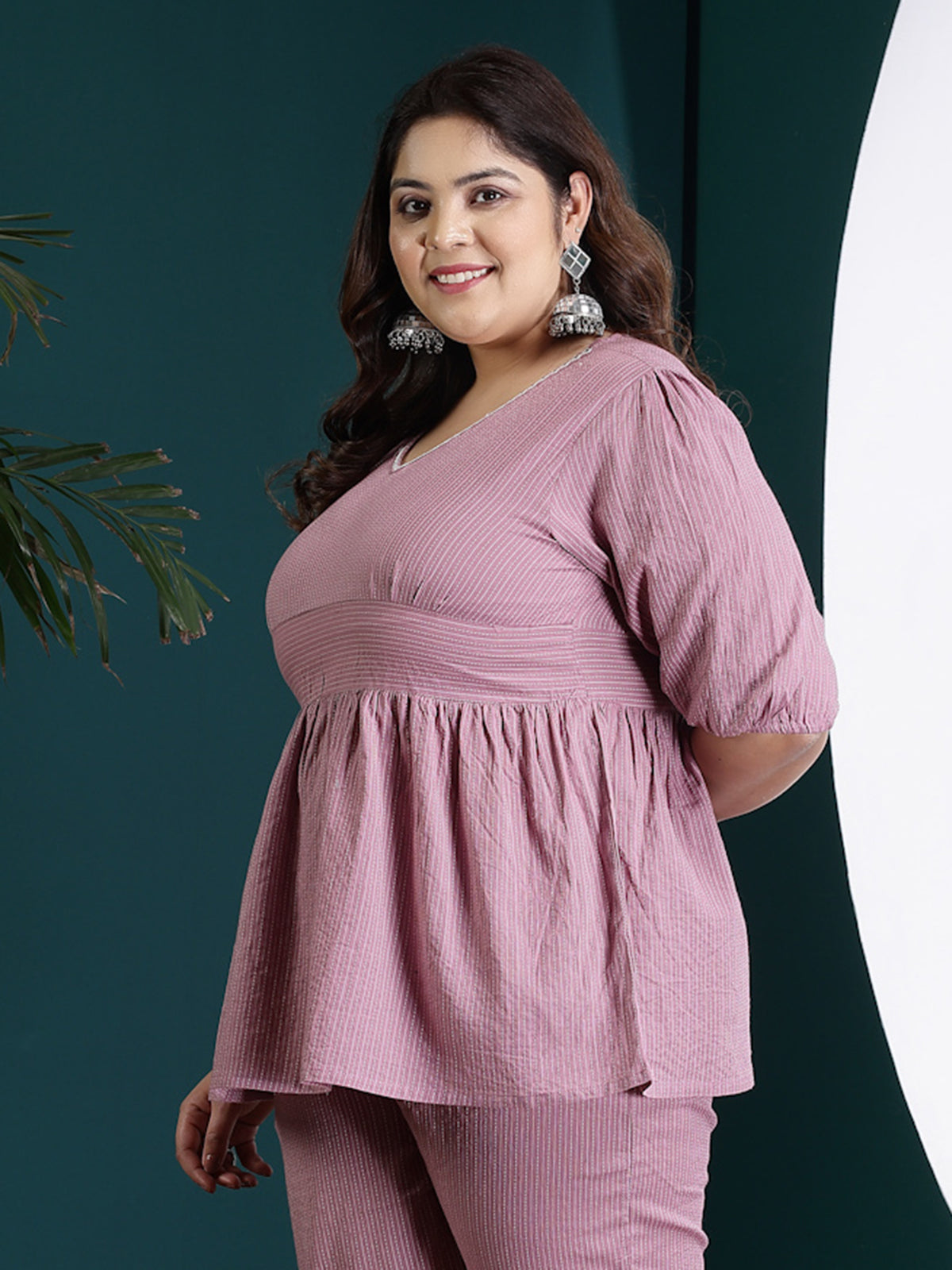 Plus Size Women's Self Woven Kantha Cotton Peplum Top (TOPMAUVEDAMPAPLUS)