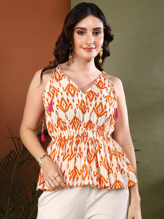Stylum Women's Orange Printed Cotton Short Peplum Top (TOPORNGPUPA)