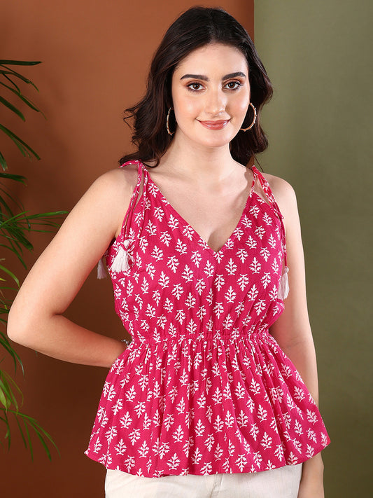 Stylum Women's Pink Floral Printed Cotton Short Peplum Top (TOPPINKSHIBU)