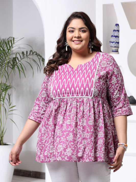 Plus Size Women's Floral Printed Cotton Peplum Top (TOPPURPLEHAZELPLUS)