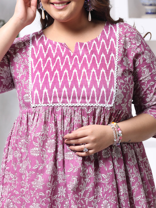 Plus Size Women's Floral Printed Cotton Peplum Top (TOPPURPLEHAZELPLUS)