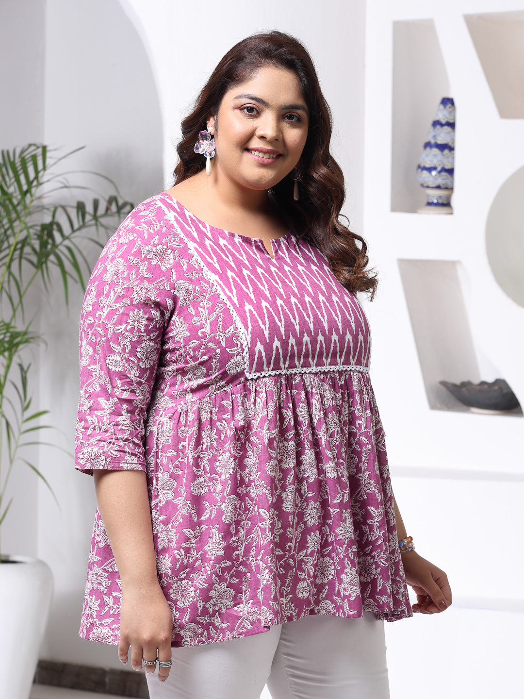 Plus Size Women's Floral Printed Cotton Peplum Top (TOPPURPLEHAZELPLUS)
