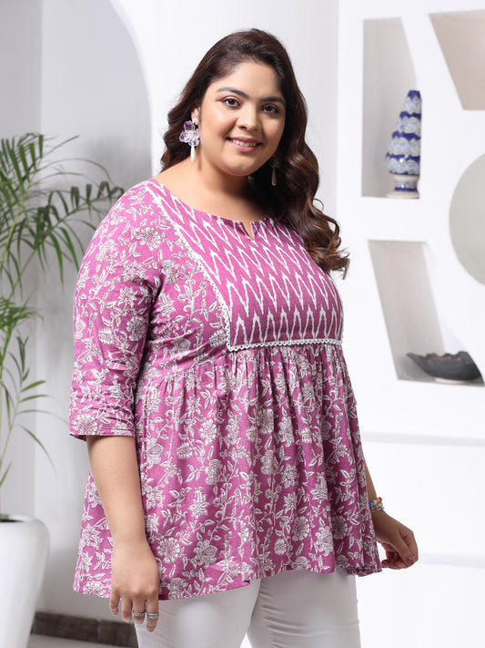 Plus Size Women's Floral Printed Cotton Peplum Top (TOPPURPLEHAZELPLUS)