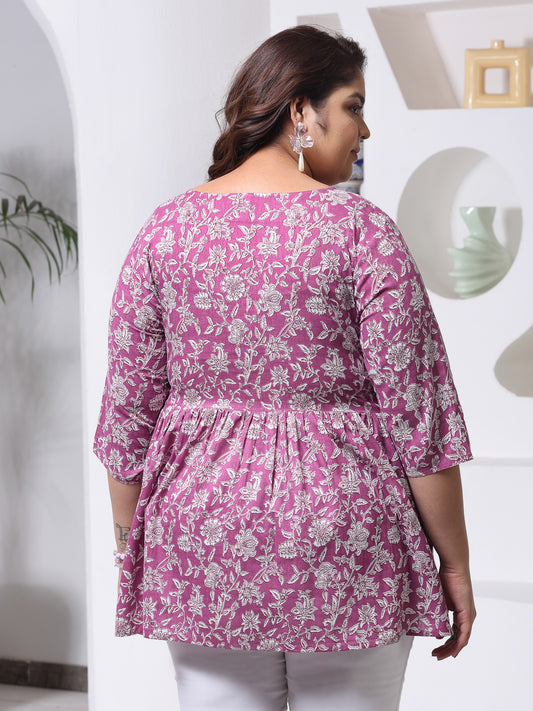 Plus Size Women's Floral Printed Cotton Peplum Top (TOPPURPLEHAZELPLUS)