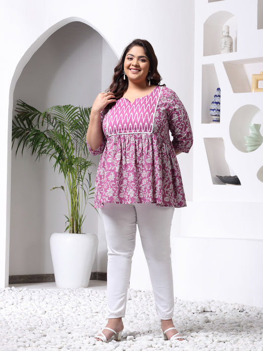 Plus Size Women's Floral Printed Cotton Peplum Top (TOPPURPLEHAZELPLUS)