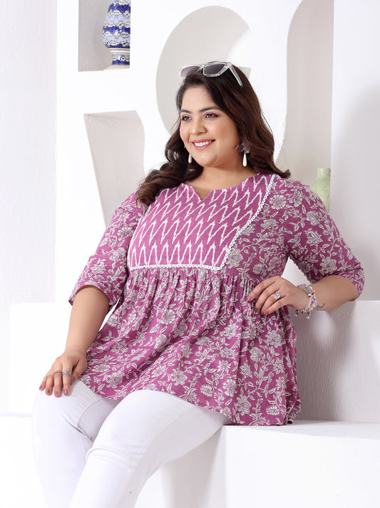 Plus Size Women's Floral Printed Cotton Peplum Top (TOPPURPLEHAZELPLUS)