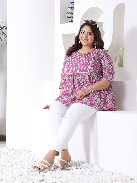 Plus Size Women's Floral Printed Cotton Peplum Top (TOPPURPLEHAZELPLUS)