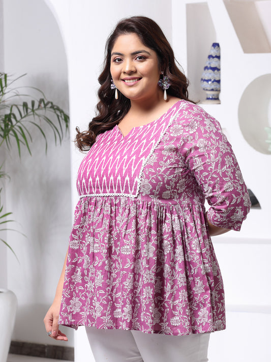 Plus Size Women's Floral Printed Cotton Peplum Top (TOPPURPLEHAZELPLUS)