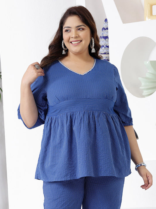 Plus Size Women's Self Woven Kantha Cotton Peplum Top (TOPROYALDAMPAPLUS)