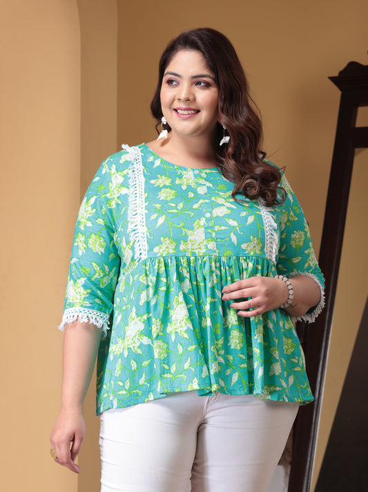Plus Size Women's Floral Printed Cotton Peplum Top (TOPTIPTOPPLUS)