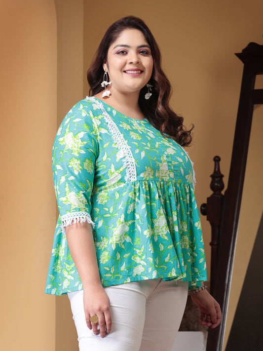 Plus Size Women's Floral Printed Cotton Peplum Top (TOPTIPTOPPLUS)