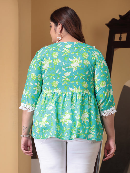 Plus Size Women's Floral Printed Cotton Peplum Top (TOPTIPTOPPLUS)