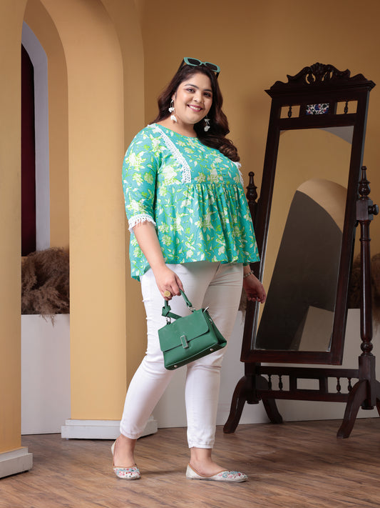 Plus Size Women's Floral Printed Cotton Peplum Top (TOPTIPTOPPLUS)